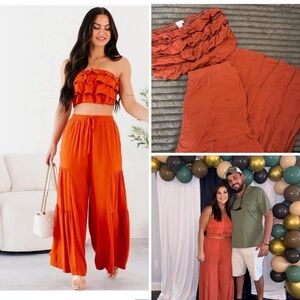 Women’s Ruffle Tube Top & Wide-Leg Pant Set — Orange